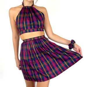 Vintage Silk Tartan Plaid Skirt Set Halter Crop